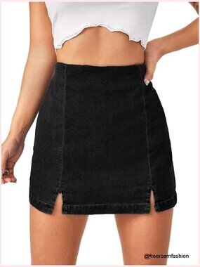High Waist Denim Skorts with Split Hem - Skirt Shorts Combo